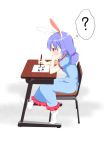  1girl ? absurdres animal_ears blue_dress blue_hair blush bunny_ears chair chin_rest commentary_request desk dress eyebrows_visible_through_hair feet full_body hand_on_own_chin highres medium_hair oreyutadesu paper pen red_eyes school_chair school_desk seiran_(touhou) short_sleeves sitting socks solo swinging_legs thought_bubble touhou white_background white_legwear writing 