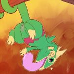  2020 3_toes 4_fingers anthro big_tongue digital_media_(artwork) female fingers genitals green_body hanging_from_branch hi_res kecleon long_tongue nintendo nude open_mouth pok&eacute;mon pok&eacute;mon_(species) purple_eyes pussy scalie shikaro simple_background smile solo toes tongue tongue_out upside_down video_games 