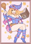  absurdres bare_shoulders blonde_hair blue_footwear book boots border crossed_legs dark_magician_girl duel_monster full_body hat highres long_hair looking_at_viewer open_mouth smile splashbrush staff star_(symbol) wand wizard_hat yuu-gi-ou yuu-gi-ou_duel_monsters 