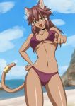  absurd_res anthro beach bikini blue_eyes breasts brown_body brown_fur cleavage clothed clothing ear_piercing ear_ring felid feline female fur gundam gundam_build_divers_re:rise hi_res jewelry machine maiya_(gundam_build_divers_re:rise) mammal piercing ring robot seaside swimwear tail_jewelry tail_ring tongue 久遠 