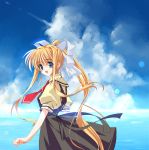  1girl absurdres air blonde_hair blurry blush bokeh bow cloud commentary condensation_trail depth_of_field dress hair_bow highres horizon kamio_misuzu longmei_er_de_tuzi looking_back necktie ocean open_mouth ponytail sky smile solo water 