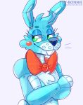  animatronic blue_hair bow buckteeth cheek_tuft crossed_arms facial_tuft five_nights_at_freddy&#039;s five_nights_at_freddy&#039;s_2 girly green_eyes hair head_tuft lagomorph leporid long_ears machine male mammal rabbit red_cheeks robot simple_background solo teeth toy-bonnie toy_bonnie_(fnaf) tuft video_games white_background 
