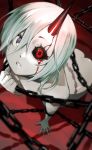  1girl absurdres black_sclera blood bloody_tears blue_eyes chain crying hair_between_eyes highres horns looking_at_viewer looking_up nude omagacchu oni oni_horns original parted_lips red_eyes red_horns short_hair single_horn slave solo white_hair 