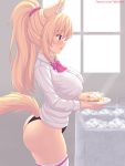  1girl animal_ears ass bangs black_panties blonde_hair blush breasts cat_ears cat_tail commentary cowboy_shot dishwashing english_commentary eyebrows_visible_through_hair fang faucet from_side high_ponytail highres large_breasts long_hair looking_away nottytiffy open_mouth original panties ponytail profile red_eyes sink solo standing tail thighhighs tiffy_(nottytiffy) underwear watermark web_address 