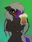  2019 absurd_res airfly-pony alcohol anthro bat_pony beer beer_mug beverage black_body black_fur black_nipples black_wings breasts chest_tuft equid fan_character fangs female freckles fur gradient_background green_background grey_hair grey_tail hair hasbro hi_res inner_ear_fluff looking_at_viewer mammal membrane_(anatomy) membranous_wings moon_shine_(oc) multicolored_hair multicolored_tail my_little_pony nipples nude purple_eyes purple_hair purple_tail signature simple_background solo text tongue tongue_out tuft wings 