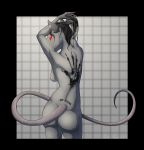  2018 5_fingers absurd_res anthro arms_above_head ascar_angainor bethesda_softworks biped black_hair breasts butt butt_pose celeun female fingers fur grey_background grey_body grey_fur hair hand_print hi_res long_tail mammal nipples pink_tail ponytail pose red_eyes rodent side_boob simple_background skaven skyrim solo the_dark_brotherhood the_elder_scrolls video_games warhammer_(franchise) 