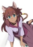  absurd_res anthro blue_eyes breasts brown_body brown_fur brown_hair choker clothed clothing domestic_cat dress ear_piercing felid feline felis female fur gundam gundam_build_divers_re:rise hair hi_res jewelry kemono looking_at_viewer maiya_(gundam_build_divers_re:rise) mammal necklace piercing pure_akinobu_pmg simple_background smile solo white_background 