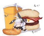  1girl :t animal_ears antenna_hair bacon bangs bendy_straw black_jacket blush braid bunny_ears chibi closed_mouth commentary cup disposable_cup drinking_straw eating fake_animal_ears fast_food food food_on_face hair_between_eyes hair_ornament hamburger holding holding_food in_food jacket kizuna_akari long_sleeves milkpanda minigirl open_clothes open_jacket puffy_long_sleeves puffy_sleeves shadow silver_hair solo star_(symbol) translated twin_braids twintails voiceroid wavy_mouth white_background |_| 