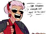  bandana demon_girl demon_horns f4xy fingerless_gloves gloves hair_bun hair_tie helltaker horns justice_(helltaker) necktie open_mouth red_bandana red_shirt shirt smile solo_focus speech_bubble sunglasses thumbs_up white_hair 