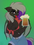  2019 absurd_res airfly-pony alcohol anthro bat_pony beer beer_mug belt beverage black_body black_fur black_nipples black_wings bottomwear breasts chest_tuft clothing equid exposed_breasts fan_character fangs female freckles fur gradient_background green_background grey_hair grey_tail hair hasbro hi_res inner_ear_fluff looking_at_viewer mammal membrane_(anatomy) membranous_wings midriff moon_shine_(oc) multicolored_hair multicolored_tail my_little_pony nipples purple_eyes purple_hair purple_tail shirt shorts signature simple_background solo text tongue tongue_out topwear tuft wings 