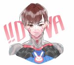  brown_eyes brown_hair bubble_blowing character_name chewing_gum d.va_(overwatch) eyebrows_visible_through_hair face facial_mark genderswap genderswap_(ftm) honey_dogs overwatch smile upper_body whisker_markings white_background 
