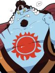  2017 angry anthro belly blue_body clothing debudave_12 fish-men_(one_piece) hi_res jinbe kemono male marine one_piece overweight overweight_anthro overweight_male robe solo text 