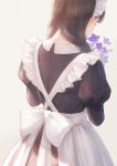  1girl absurdres alternate_costume apron braid brown_hair enmaided flower frills from_behind highres long_hair maid maid_apron maid_dress maid_headdress original romiy simple_background solo standing twintails 