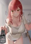  1girl alcohol asahi_breweries asato_mai beer beer_can black_panties blush breasts can cleavage collarbone eyebrows_visible_through_hair highres holding holding_can large_breasts long_hair looking_at_viewer original panties red_eyes red_hair solo underwear 