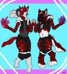  2020 3_toes 4_fingers 4_toes 5_fingers absurd_res anthro arm_socks armor clothing crimson_(chris05478) duo eminto feral fingers fur_tail hair hand_holding hi_res horn invalid_tag jacket lucario machine magic neutral_face nintendo pentagram pok&eacute;mon pok&eacute;mon_(species) protogen screen screen_face signature simple_background sly_(eit) smile smirk toes topwear video_games 