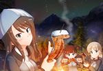  3girls aki_(girls_und_panzer) aquaegg blonde_hair blush brown_hair campfire cooking dark eating fish food girls_und_panzer green_eyes hat keizoku_military_uniform long_hair looking_at_viewer mika_(girls_und_panzer) mikko_(girls_und_panzer) mountain multiple_girls night night_sky outdoors short_hair short_twintails skewer sky smile smoke star_(sky) starry_sky tree twintails two_side_up 