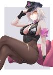  1girl armband bangs bikini black_bikini black_gloves blush breasts cameltoe cleavage commentary_request cosplay fate/grand_order fate_(series) fingerless_gloves fuwatoromonta gloves hat highres jeanne_d&#039;arc_(alter)_(fate) jeanne_d&#039;arc_(fate)_(all) large_breasts necktie pale_skin peaked_cap pink_neckwear sesshouin_kiara_(swimsuit_mooncancer)_(fate) sesshouin_kiara_(swimsuit_mooncancer)_(fate)_(cosplay) short_hair silver_hair sitting solo swimsuit torn_bodystocking yellow_eyes 