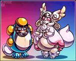  ambiguous_gender audino clothing duo gradient_background hi_res inflatable looking_at_viewer mega_audino mega_evolution nintendo noune palpitoad pok&eacute;mon pok&eacute;mon_(species) pool_toy rubber simple_background sparkly_eyes suit the_matkat unknown_species video_games 
