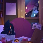  1:1 2017 anthro baseball_bat bat_(object) bed bodily_fluids book calendar crying detailed_background domestic_cat equestria-prevails felid feline felis female food furniture hi_res inside mae_borowski mammal mattress medicine messy_room night_in_the_woods on_bed pillow pizza red_eyes sculpture slightly_chubby solo statue tears under_covers video_games 