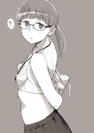 1girl ? adjusting_bra adjusting_clothes bangs banned_artist blunt_bangs bra breasts c2-chan c2_kikan eyebrows_visible_through_hair glasses greyscale id_card lanyard long_hair makio_(makiomeigenbot) monochrome pleated_skirt simple_background skirt small_breasts solo underwear upper_body 