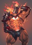  1boy abs armor armpit_hair armpits bara bare_chest briefs bulge chest chest_hair chest_harness embers facial_hair feet_out_of_frame fire glowing glowing_eyes harness helmet highres male_focus male_pubic_hair manly muscle navel navel_hair nipples pauldrons pubic_hair red_eyes rybiokaoru short_hair shoulder_armor sideburns solo sparkle surtr_(tokyo_houkago_summoners) thick_thighs thighs tokyo_houkago_summoners underwear 