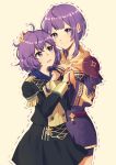  2girls age_progression ahoge armor bernadetta_von_varley dotted_line dual_persona fire_emblem fire_emblem:_three_houses garreg_mach_monastery_uniform hand_on_another&#039;s_head head_to_head highres interlocked_fingers looking_at_another looking_at_viewer looking_to_the_side looking_up messy_hair multiple_girls nervous open_mouth outline purple_eyes purple_hair short_hair shorts_under_dress shoulder_armor sidelocks simple_background spaulders t_amayuki_b tan_background 