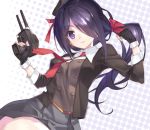  1girl adapted_turret ariake_(kantai_collection) bangs beret black_gloves black_hair black_headwear black_jacket blazer cannon collared_shirt commentary_request cowboy_shot fingerless_gloves gloves gradient_hair grey_skirt hair_over_one_eye hat jacket kantai_collection long_hair long_sleeves looking_at_viewer low_ponytail multicolored_hair necktie pleated_skirt purple_eyes red_neckwear sasaki_mutsumi shirt skirt solo turret white_shirt 