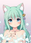  1girl :&lt; animal_ear_fluff animal_ears bangs bell blue_eyes blush breasts brown_background cat_ears closed_mouth collarbone eyebrows_visible_through_hair gradient gradient_background green_hair grey_background hair_bell hair_between_eyes hair_ornament hand_up highres jewelry jingle_bell light_censor long_hair looking_at_viewer nail_polish nekono_rin original pendant pink_nails ring small_breasts solo upper_body 