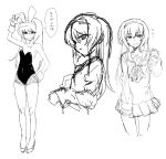  1girl animal_ears breasts bunny_ears bunnysuit closed_mouth commentary fake_animal_ears girls_und_panzer hairband high_heels highres kotoyama long_hair looking_at_viewer monochrome no_bra ooarai_school_uniform open_mouth pleated_skirt reizei_mako school_uniform simple_background sketch skirt small_breasts smile solo standing sweatdrop white_background 