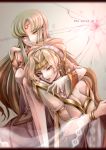  2girls blonde_hair breasts broken_glass c.c. cleavage code_geass code_geass:_fukkatsu_no_lelouch commentary_request english_text geass glass gloves gold green_hair highres large_breasts lips multiple_girls shamna yamaaa0000 yellow_eyes 