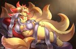  anthro big_breasts blush breasts clothed clothing curvy_figure female fur hand_on_hip hi_res huge_breasts looking_at_viewer lying multi_tail ninetales nintendo ocaritna on_side pok&eacute;mon pok&eacute;mon_(species) red_eyes skimpy slightly_chubby smile solo thick_thighs video_games voluptuous wide_hips yellow_body yellow_fur 