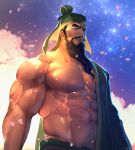  1boy abs bara bare_chest beard brown_hair bulge cherry_blossoms chest chest_hair chinese_clothes facial_hair guan_yu hat highres long_hair looking_at_viewer male_focus manly muscle navel navel_hair nipples petals rybiokaoru shin_sangoku_musou shiny shiny_skin sky solo star_(sky) starry_sky thick_eyebrows thick_thighs thighs upper_body 