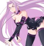  1girl black_dress black_hair breasts choker cleavage commentary_request cowboy_shot detached_sleeves dress fate/stay_night fate_(series) highres large_breasts leaning_forward long_hair looking_away parted_lips purple_eyes purple_hair rider simple_background sleeveless sleeveless_dress solo strapless strapless_dress tetsu_(kimuchi) thighhighs very_long_hair white_background zettai_ryouiki 