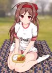  1girl absurdres blanket breasts brown_hair buruma eyebrows_visible_through_hair food grass gym_shirt gym_uniform hair_between_eyes hair_ornament hair_ribbon hairclip highres kantai_collection kitahama_(siroimakeinu831) large_breasts long_hair lunchbox mamiya_(kantai_collection) name_tag nature obentou omelet outdoors picnic red_buruma ribbon rice shirt short_sleeves sitting smile socks solo tamagoyaki thermos thighs tree wariza white_legwear white_shirt 