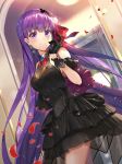  1girl bangs bare_shoulders bb_(fate)_(all) bb_(fate/extra_ccc) black_dress black_gloves blush breasts brooch closed_mouth dress earrings fate/extra fate/extra_ccc fate_(series) gloves hair_ornament hair_ribbon highres jewelry large_breasts long_hair looking_at_viewer neck_ribbon petals purple_eyes purple_hair red_ribbon renka_(renkas) ribbon smile thighs very_long_hair 