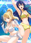  2girls ayase_eli blonde_hair blue_eyes blue_hair breasts cleavage company_connection cosplay crossover dirty_pair gun highres holding holding_gun holding_weapon kei_(dirty_pair) kei_(dirty_pair)_(cosplay) long_hair looking_at_viewer love_live! love_live!_school_idol_project medium_breasts midriff multiple_girls navel open_mouth sonoda_umi tied_hair urutsu_sahari weapon yellow_eyes yuri_(dirty_pair) yuri_(dirty_pair)_(cosplay) 