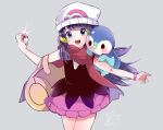  1girl bag bangs beanie blue_eyes blush bracelet commentary_request dawn_(pokemon) duffel_bag floating_hair gen_4_pokemon grey_background hair_ornament hairclip hand_up hat herunia_kokuoji highres holding holding_poke_ball jewelry long_hair looking_at_viewer open_mouth outstretched_arm piplup poke_ball poke_ball_(basic) pokemon pokemon_(creature) pokemon_(game) pokemon_dppt pokemon_on_arm scarf simple_background smile teeth tongue white_headwear 