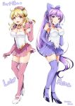  2girls artist_name blonde_hair blue_eyes breasts character_name cleavage commission covered_navel covered_nipples karaage_karara long_hair medium_breasts multiple_girls open_mouth original ponytail purple_hair red_eyes short_hair skeb_commission smile standing thighhighs 