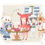  1boy 5girls :3 :d animal_ears bird_tail black_hair blonde_hair blush brown_hair captain_(kemono_friends) chibi closed_eyes commentary_request common_raccoon_(kemono_friends) curtains dhole_(kemono_friends) dog_ears eating fennec_(kemono_friends) food fox_ears frilled_sleeves frills grey_hair hat head_wings japanese_crested_ibis_(kemono_friends) kemono_friends_3 kneeling multicolored_hair multiple_girls open_mouth pleated_skirt raccoon_ears raccoon_tail red_hair scarlet_ibis_(kemono_friends) skirt smile smug sparkle standing steam sweet_potato table tail uzuki_machi white_hair white_headwear wide_sleeves window 