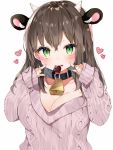  1girl animal_ears aran_sweater bell bell_collar black_collar blush breasts brown_hair candy chocolate chocolate_heart cleavage collar cow_ears cow_girl cow_horns food green_eyes heart highres horns large_breasts long_hair long_sleeves looking_at_viewer original simple_background solo sweater toma_tokage upper_body white_background 