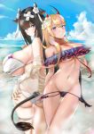  2girls adjusting_clothes adjusting_swimsuit ahoge animal_ears ass ass_grab ass_visible_through_thighs azur_lane bandaid bandaid_on_head bangs bare_shoulders between_breasts bikini blonde_hair blunt_bangs blush breasts brown_hair choker cleavage covered_nipples cow_ears cow_girl cow_horns cow_tail crossed_bandaids elbow_gloves flower flower_bracelet frills gloves grabbing_own_ass gyaru hair_between_eyes hair_flower hair_ornament hand_on_own_chest horns huge_breasts kashino_(after-bath_pleasure)_(azur_lane) kashino_(azur_lane) kumano_(azur_lane) kumano_(fancy_waves)_(azur_lane) large_breasts long_hair looking_at_viewer looking_back mismatched_bikini multicolored multicolored_bikini multicolored_clothes multiple_girls navel off-shoulder_swimsuit oni_horns outdoors purple_eyes red_ribbon ribbon sakurai_kouji see-through sharp_teeth shawl shiny shiny_skin sideboob single_elbow_glove swimsuit tail tan teeth thigh_strap thighhighs thighs underboob water white_bikini white_flower white_ribbon 
