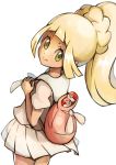  1girl :&gt; backpack bag blonde_hair closed_mouth commentary_request eyelashes floating_hair green_eyes highres holding_strap kisama lillie_(pokemon) long_hair looking_at_viewer looking_back pleated_skirt poke_ball poke_ball_(basic) pokemon pokemon_(game) pokemon_sm ponytail shirt short_sleeves simple_background skirt smile solo white_background white_skirt 