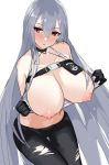  1girl areolae azur_lane bangs bare_shoulders black_choker black_gloves black_pants blush breasts breasts_outside chest_strap choker cleavage flashing gloves hair_between_eyes highres huge_breasts long_hair looking_at_viewer navel nipples o-ring pants police_badge pulled_by_self red_eyes shirt_pull silver_hair snap-fit_buckle solo sovetskaya_rossiya_(azur_lane) sovetskaya_rossiya_(the_lackadaisical_lookout)_(azur_lane) sports_bra thigh_gap torn_clothes torn_pants very_long_hair white_background white_sports_bra work_in_progress zukanosuke 