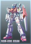  character_name clenched_hands gundam jegan joy_(cyber_x_heaven) looking_down mecha missile_pod no_humans radio_antenna shield solo standing visor 