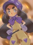  1girl :&lt; black_hair bonnet closed_mouth commentary_request eyelashes gloves grey_eyes hands_on_hips hapu_(pokemon) island_kahuna jumpsuit long_hair looking_at_viewer pokemon pokemon_(game) pokemon_sm shugara solo thick_eyebrows twintails 