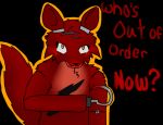  2015 animatronic anthro blood bodily_fluids canid canine cheek_tuft crying_blood facial_tuft five_nights_at_freddy&#039;s fluffy fox foxy_(fnaf) fur hook hook_hand machine male mammal multicolored_body multicolored_fur red_body red_fur robot scurryy simple_background solo tagme text tuft video_games yellow_eyes 