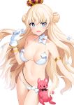  1girl armlet bangs bikini blonde_hair blue_eyes bow bracelet breasts choker crown double_bun eiyuu_senki eyebrows_visible_through_hair gloves hair_bow heart heart-shaped_pupils highres jewelry king_arthur_(eiyuu_senki) long_hair looking_at_viewer medium_breasts mizuki_eiru_(akagi_kurage) navel o-ring o-ring_bikini open_mouth smile solo stomach string_bikini stuffed_animal stuffed_toy swimsuit symbol-shaped_pupils very_long_hair white_bikini white_bow white_choker white_gloves 