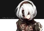  1girl aki663 black_blindfold black_hairband blindfold breasts character_name chinese_commentary clothing_cutout commentary_request hairband mole mole_under_mouth nier_(series) nier_automata puffy_sleeves short_hair simple_background solo yorha_no._2_type_b 
