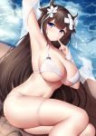  1girl animal_ears arm_up armpits artist_name azur_lane bangs bikini blush breasts brown_hair cleavage closed_mouth collarbone covered_nipples cow_ears cow_girl cow_horns cow_tail detached_sleeves eyebrows_visible_through_hair finger_to_mouth flower hair_flower hair_ornament highres horns huge_breasts kashino_(after-bath_pleasure)_(azur_lane) kashino_(azur_lane) large_breasts long_hair looking_at_viewer lying navel on_side purple_eyes signature smile solo swimsuit symbol_commentary tail thigh_strap thighs very_long_hair white_bikini white_flower wsman 