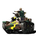  1boy caterpillar_tracks commentary_request ground_vehicle hat highres kamu_(kamu-fb) military military_hat military_vehicle motor_vehicle original tank tank_helmet type_97_chi-ha white_background 
